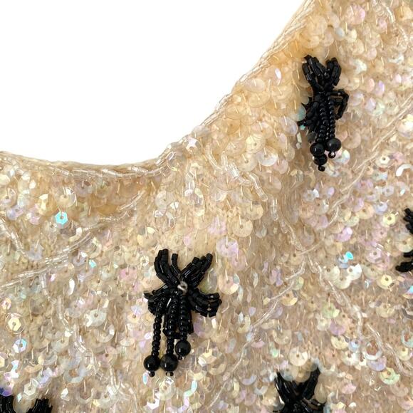 Vintage Ivory Cream Black Sequin Beaded Tank with Fringe Trim size medium - Picture 2 of 8